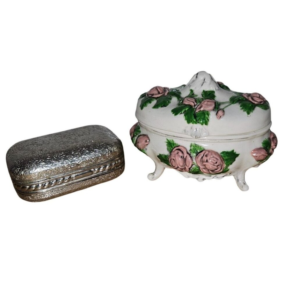 Vintage Ceramic Footed Trinket Dish & Silver Tone Box‎ Set
